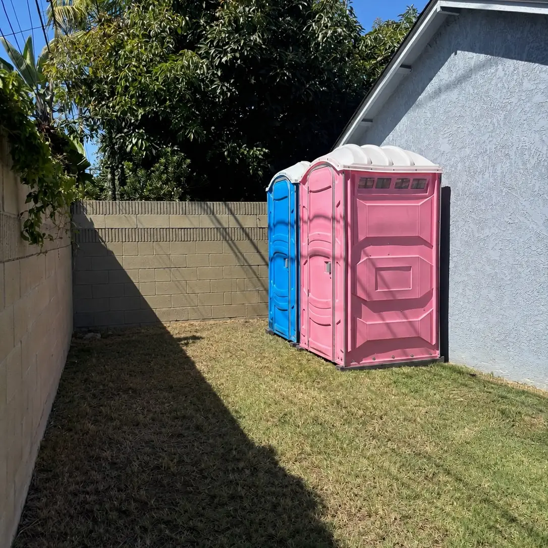 Two portable toilets placed on flat ground at the edge of a backyard ready for a weekend party