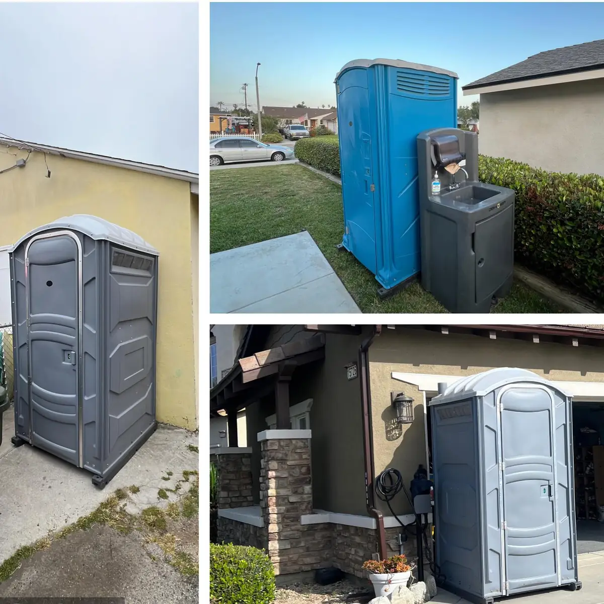 Collage of portable toilets placed at homes and driveways