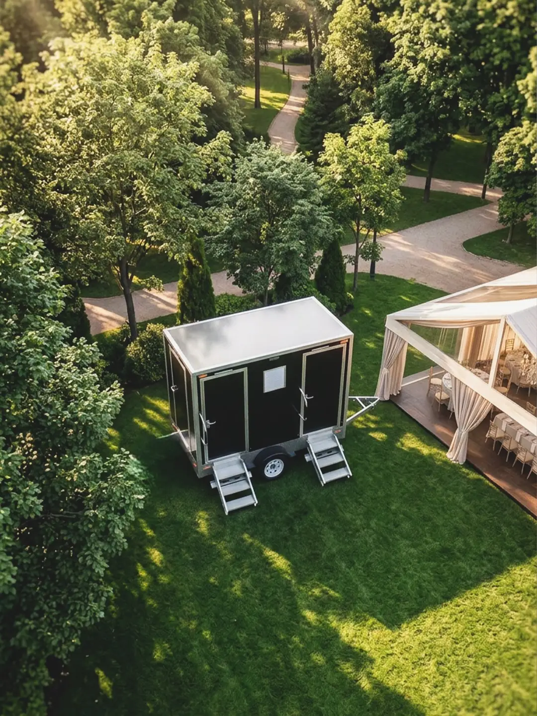 Aerial view of a restroom trailer set up beside a backyard wedding reception with tables and string lights